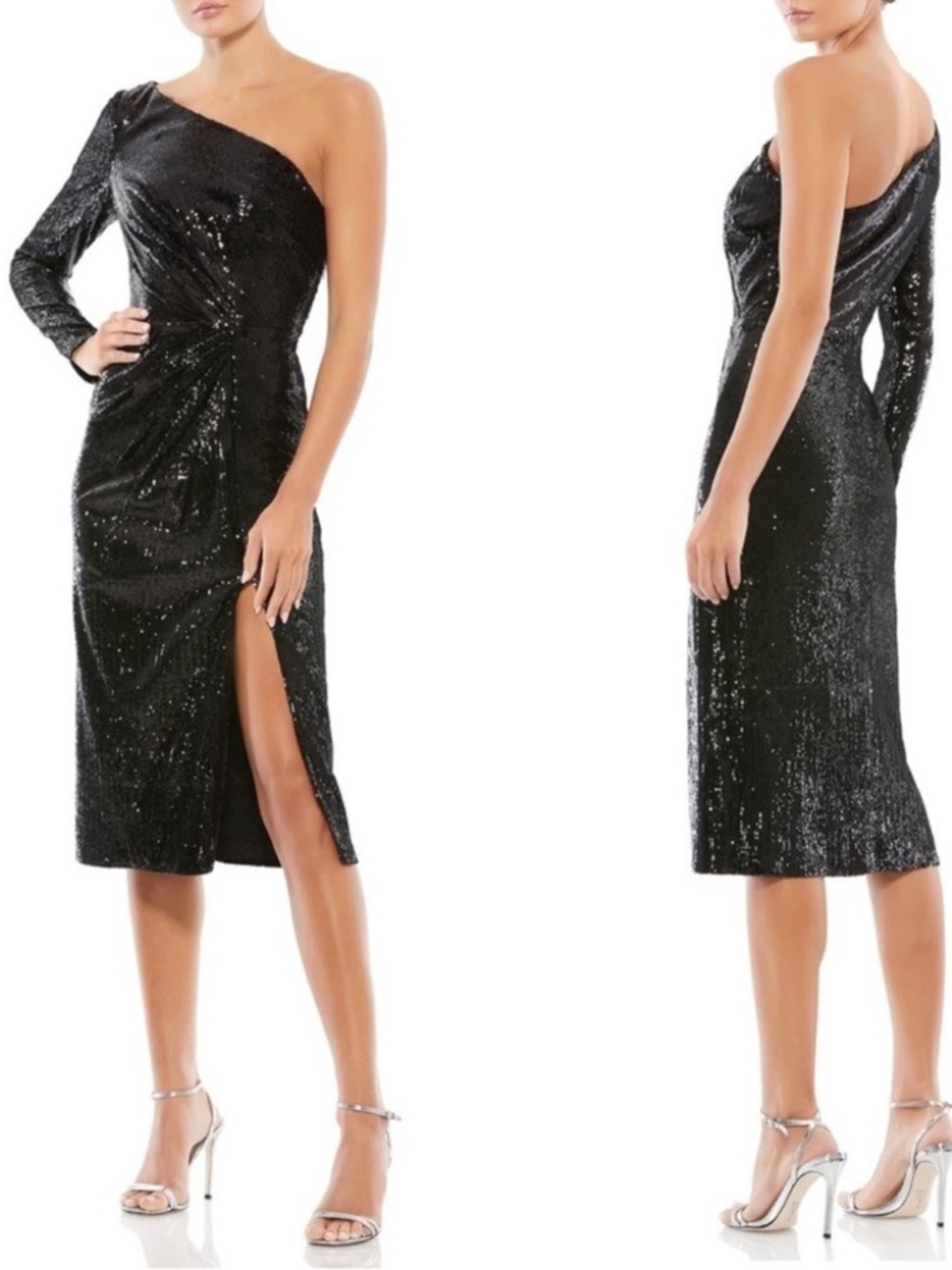 NWT Mac Duggal 26688, Black Sequin One Sleeve Midi